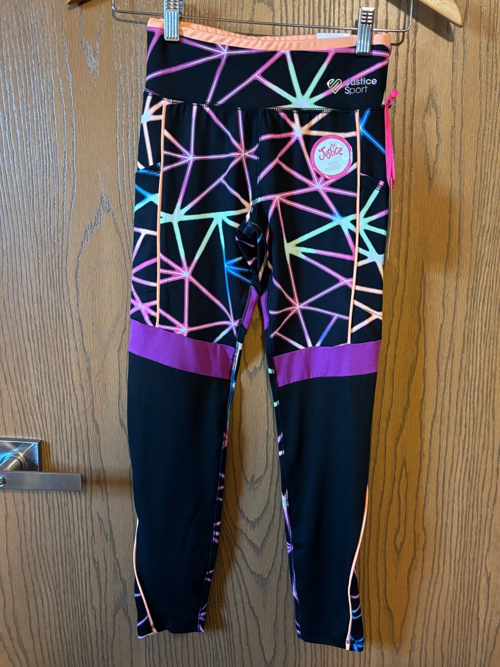 Justice Black Leggings with Neon Pink, Purple, Blue & Green Geometric Print